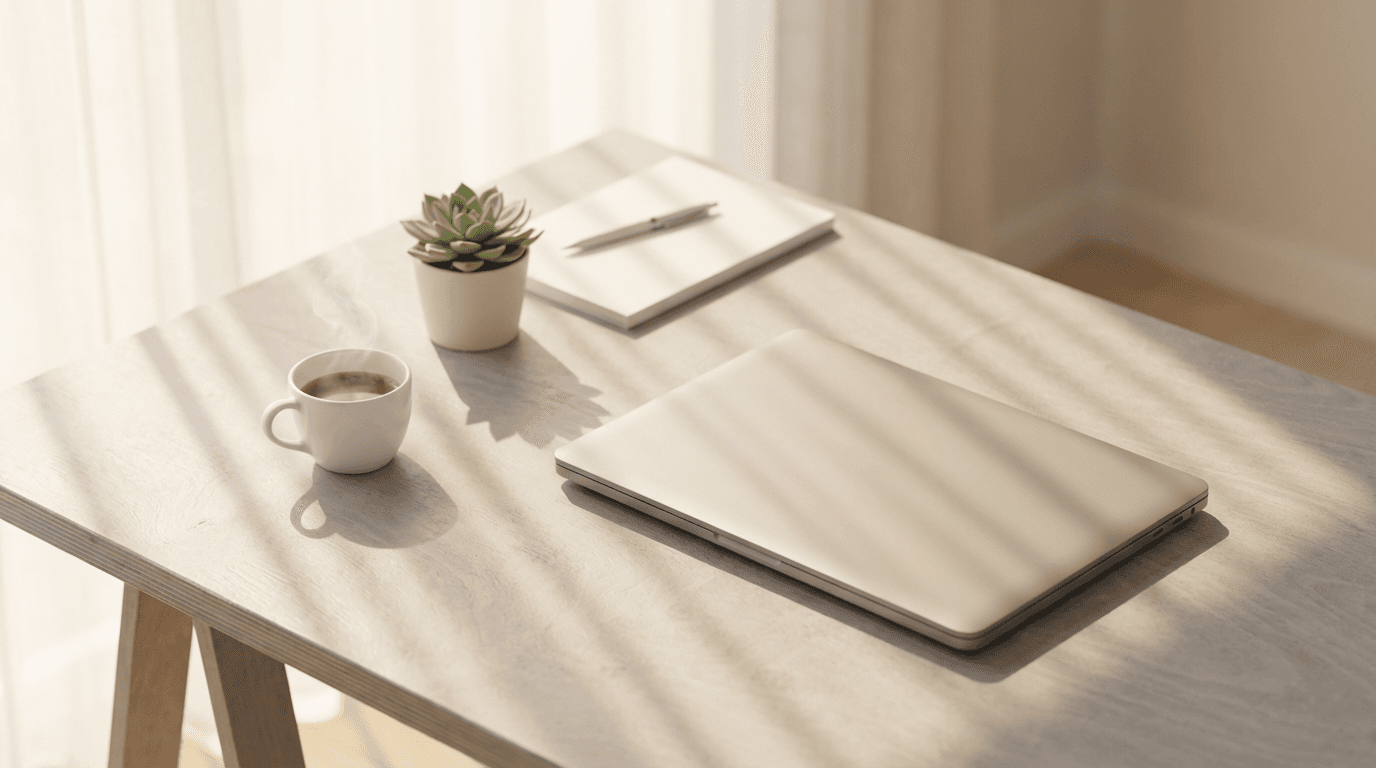 Workspace with laptop, notepad, and coffee showing content planning setup.